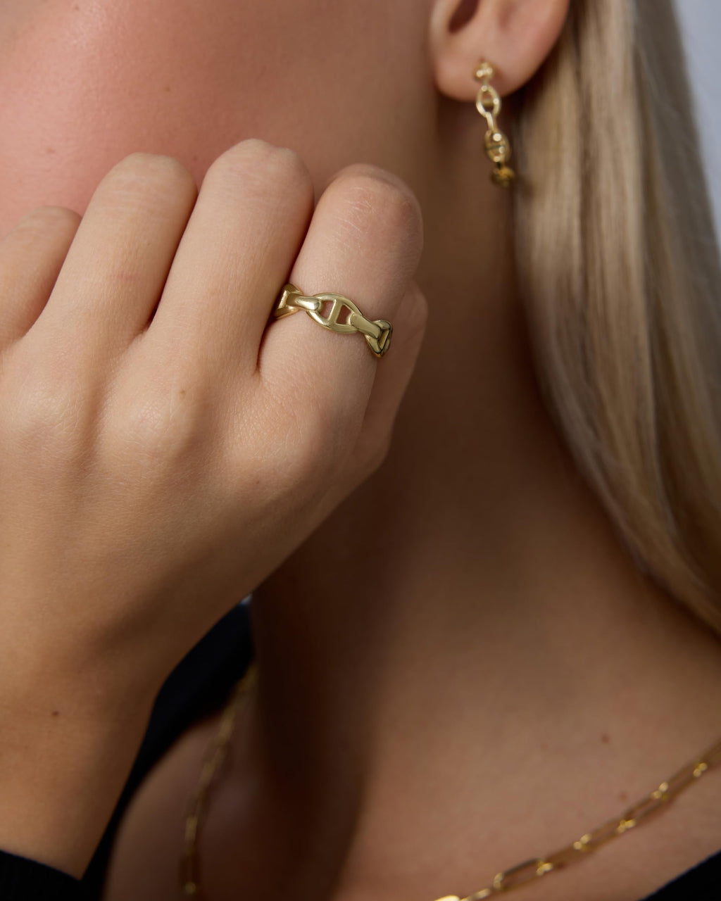 PAVOI Waterproof Link Ring - 14K Gold Plated Link Chain Ring for Women - Stackable Stainless Steel Thin Trendy Jewelry