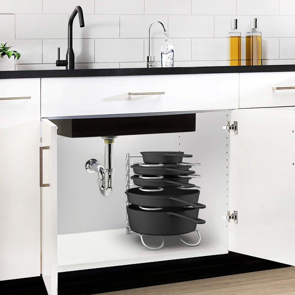 CAXXA Heavy Duty Pan Rack, Pot Lid Rack, Kitchen Cabinet Pantry Cookware Organizer Rack Holder with 5 Adjustable Dividers, Chrome
