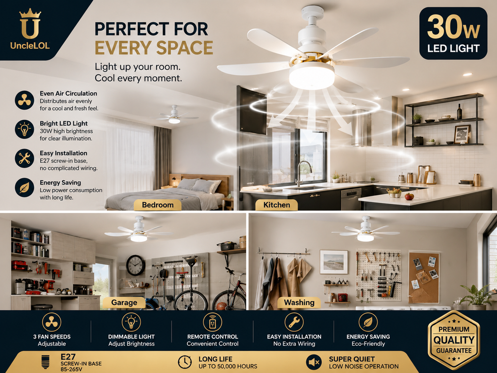 30W E27 Screw-In Ceiling Fan Light with Remote Control – Dimmable LED Fan Bulb for Bedroom, Living Room & Home Office