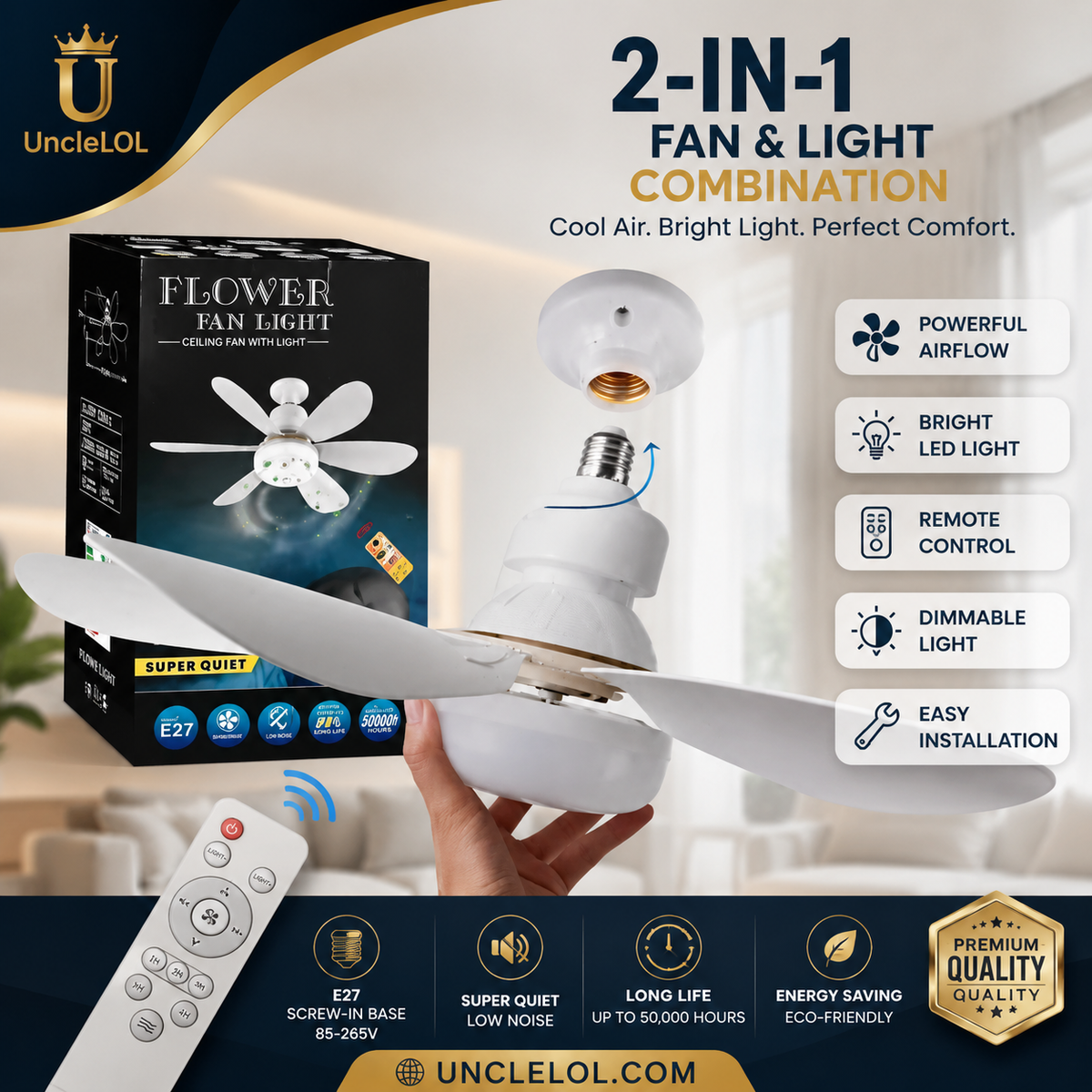 30W E27 Screw-In Ceiling Fan Light with Remote Control – Dimmable LED Fan Bulb for Bedroom, Living Room & Home Office
