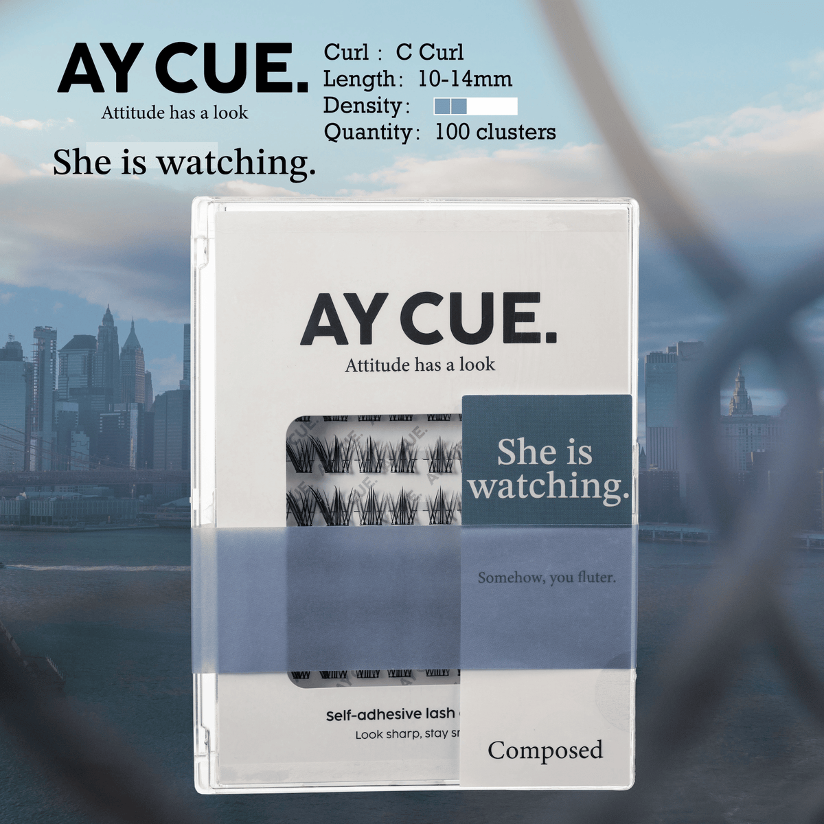 AYCUE #SHE IS WATCHING# Self-adhesive Lash Clusters C Curl 10-14mm 100 Clusters Glue-free Eyelashes Extensions for Natural Look Easy Application