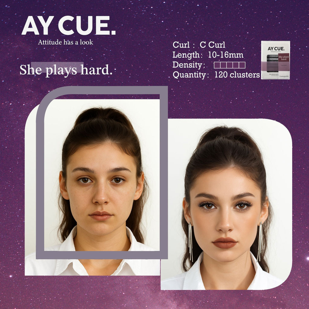AYCUE #SHE PLAYS HARD# Self-adhesive Lash Clusters C Curl 10-16mm 120 Clusters Glue-free Eyelashes Extensions for Natural Look Easy Application