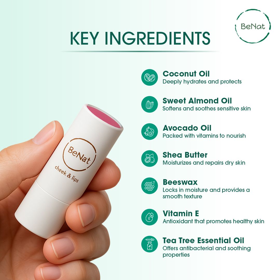 Lip & Cheek Bloom 2 in 1 Natural Lipstick & Blush - Long Lasting Hydrating Multi-Tasking Tinted Balm by BeNat